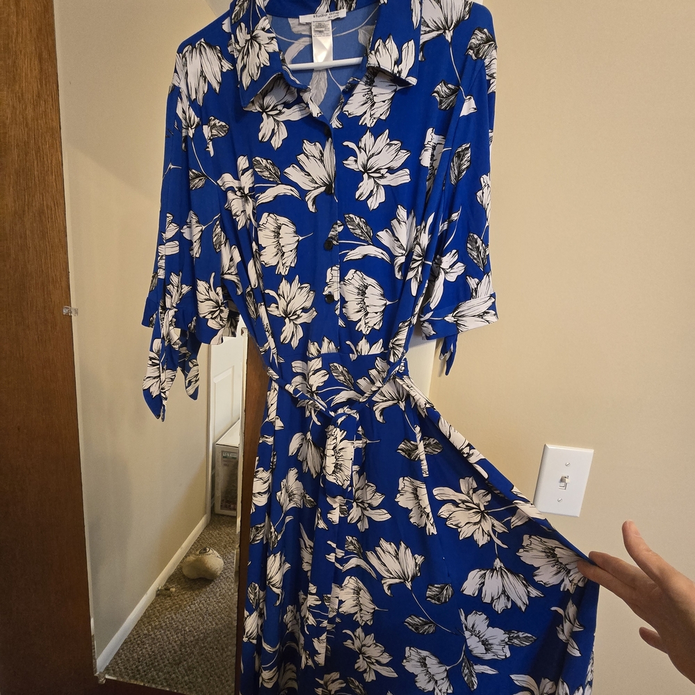 Studio One Blue and White Floral Long Sleeve Dress